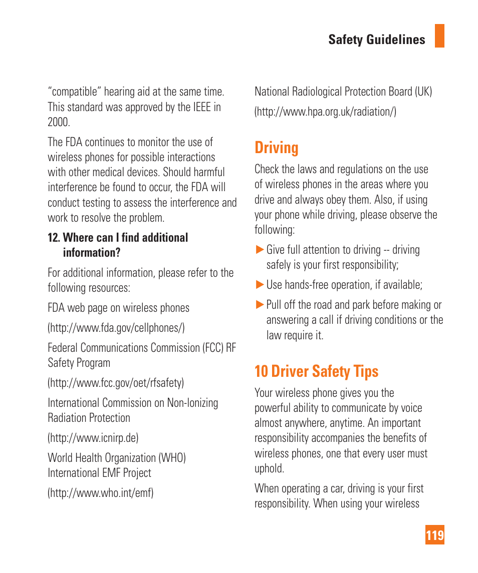 Driving, 10 driver safety tips | LG C410 User Manual | Page 119 / 124