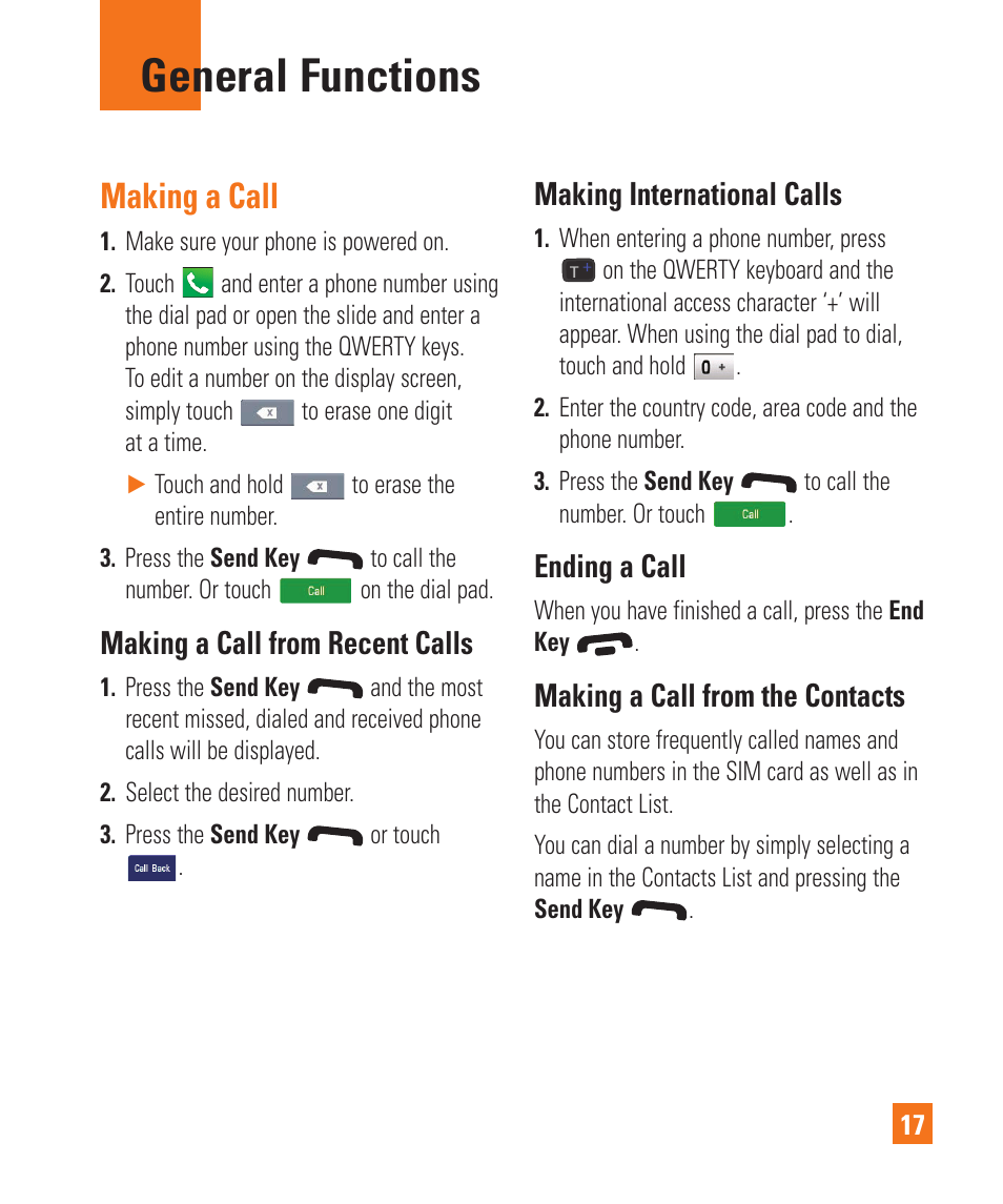 General functions, Making a call, Making a call from recent calls | Making international calls, Ending a call, Making a call from the contacts | LG C410 User Manual | Page 17 / 124