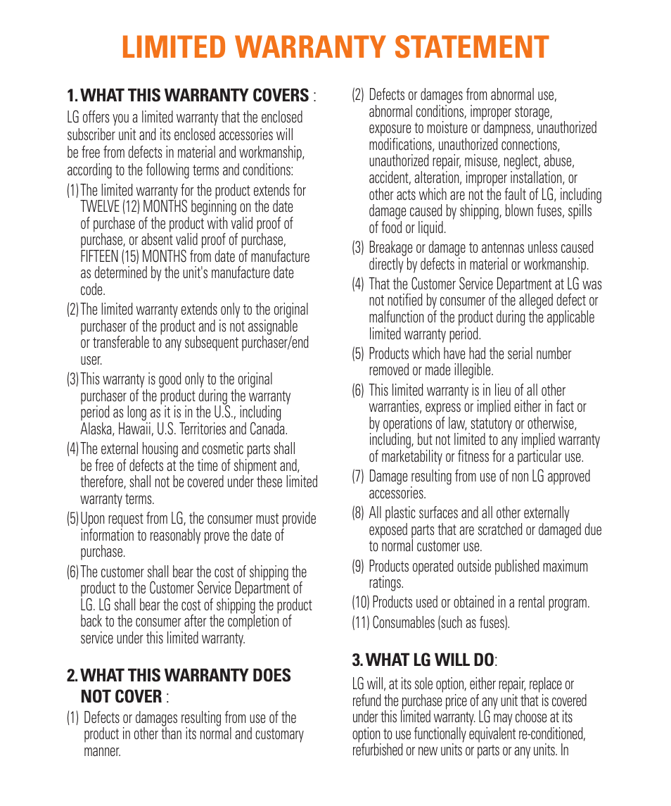 Limited warranty statement | LG C410 User Manual | Page 2 / 124