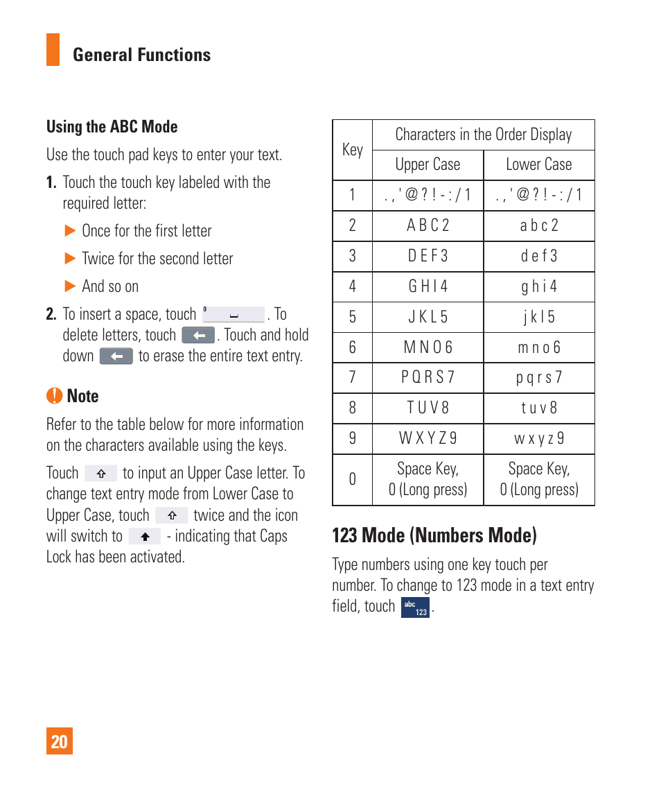 123 mode (numbers mode) | LG C410 User Manual | Page 20 / 124