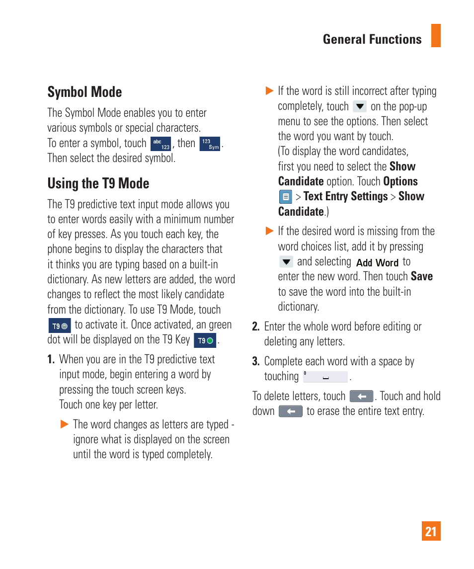 Symbol mode, Using the t9 mode | LG C410 User Manual | Page 21 / 124