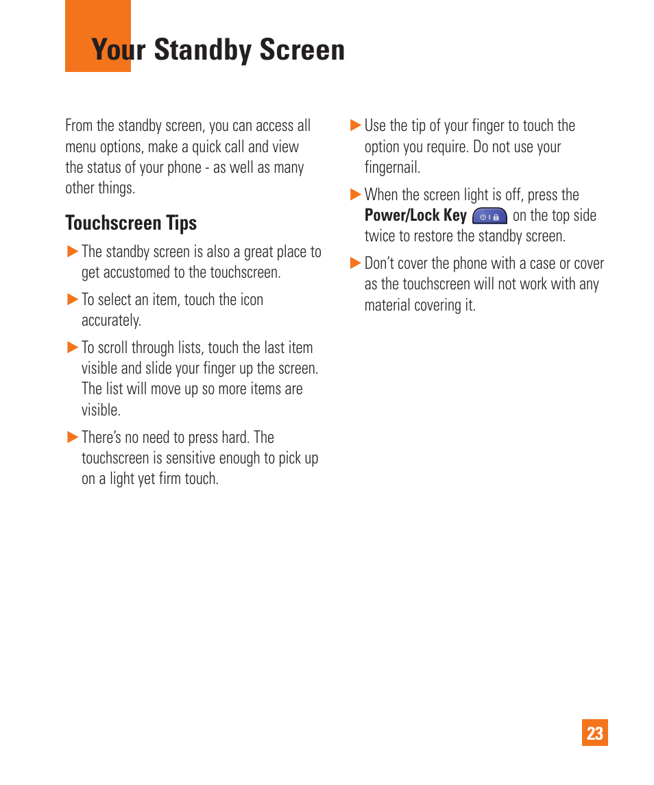 Your standby screen, Touchscreen tips | LG C410 User Manual | Page 23 / 124