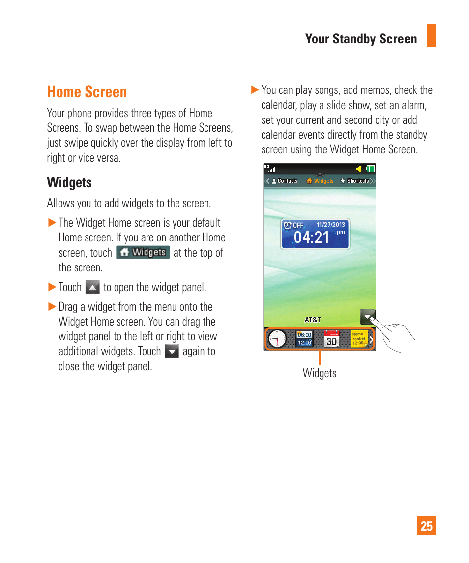 Home screen, Widgets, Home screen widgets | LG C410 User Manual | Page 25 / 124