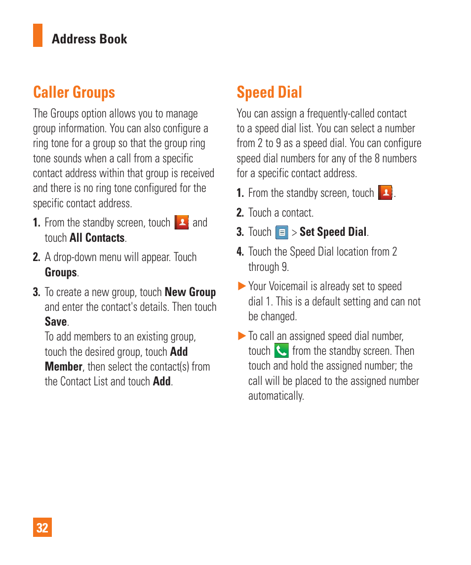 Caller groups, Speed dial | LG C410 User Manual | Page 32 / 124