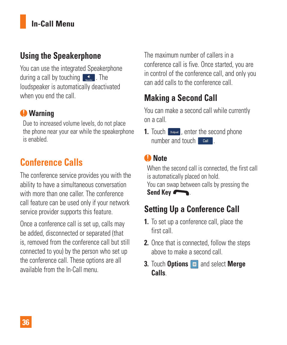 Using the speakerphone, Conference calls, Making a second call | Setting up a conference call, Conference calls making a second call | LG C410 User Manual | Page 36 / 124