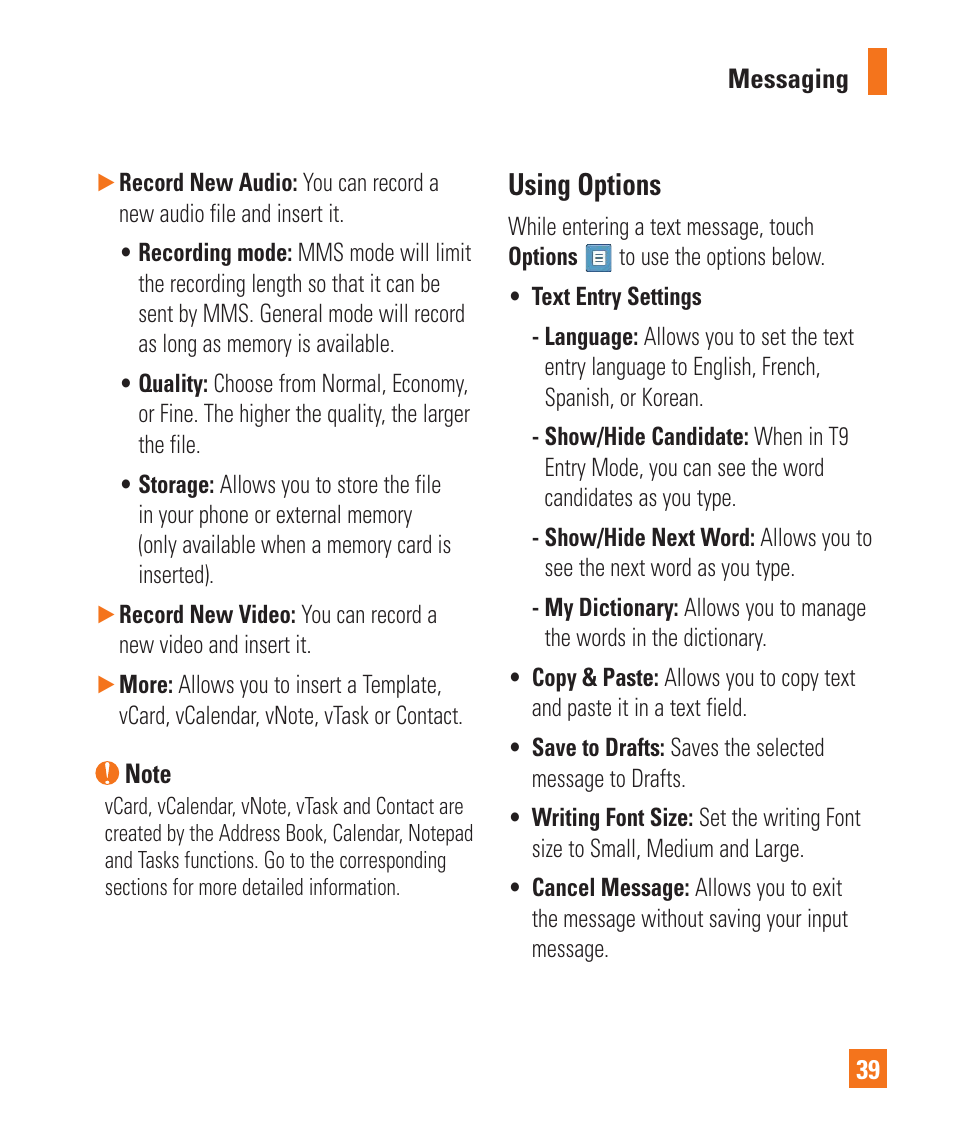 Using options | LG C410 User Manual | Page 39 / 124