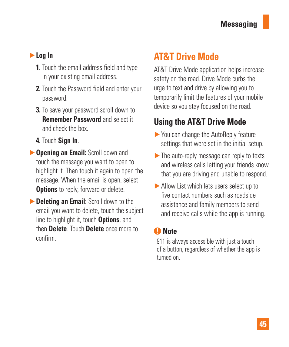 At&t drive mode, Using the at&t drive mode | LG C410 User Manual | Page 45 / 124