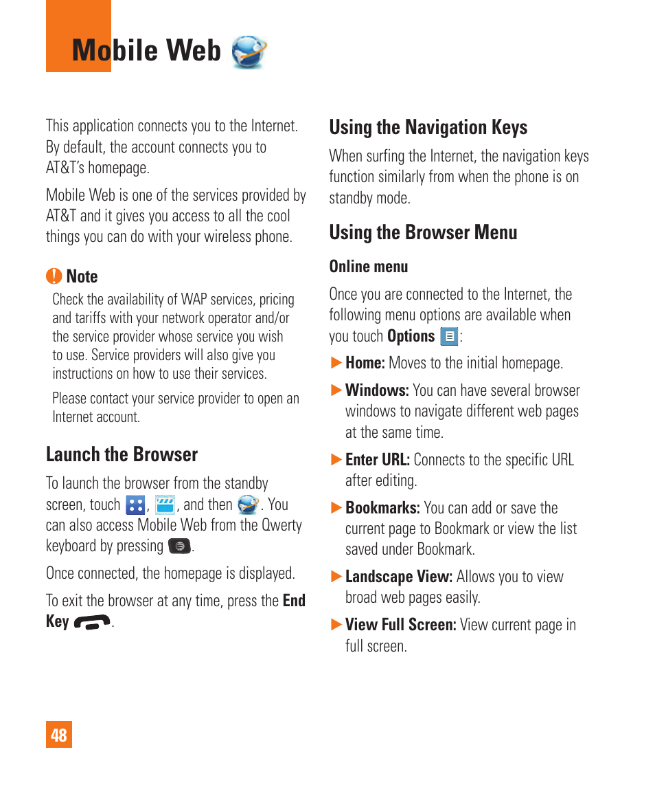 Mobile web, Launch the browser, Using the navigation keys | Using the browser menu | LG C410 User Manual | Page 48 / 124