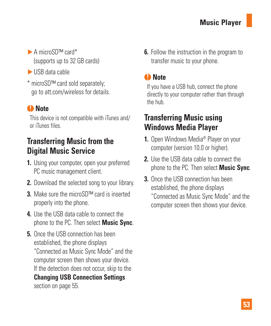 Transferring music from the digital music service, Transferring music using windows media player | LG C410 User Manual | Page 53 / 124