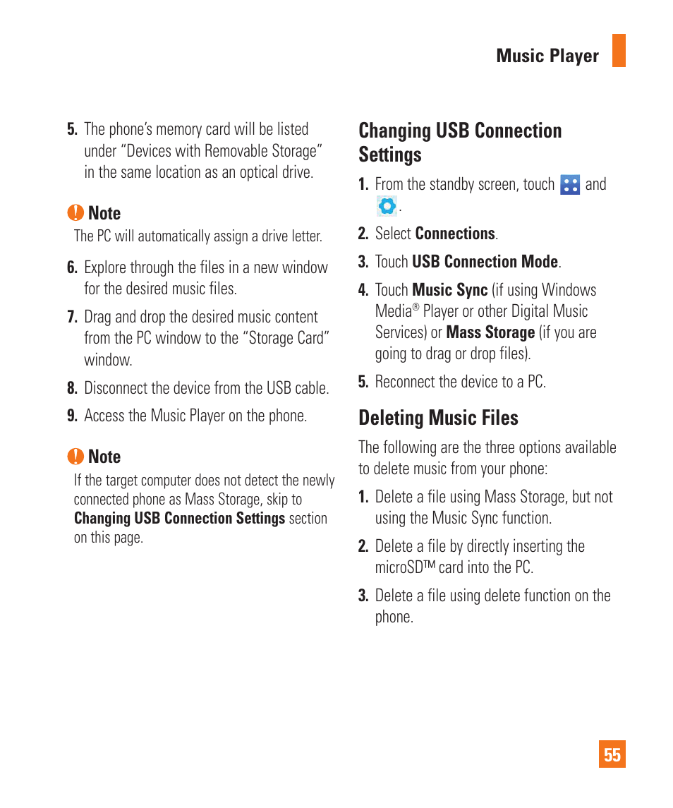 Changing usb connection settings, Deleting music files | LG C410 User Manual | Page 55 / 124