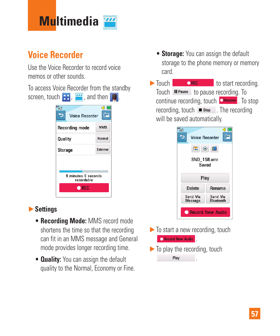 Multimedia, Voice recorder | LG C410 User Manual | Page 57 / 124