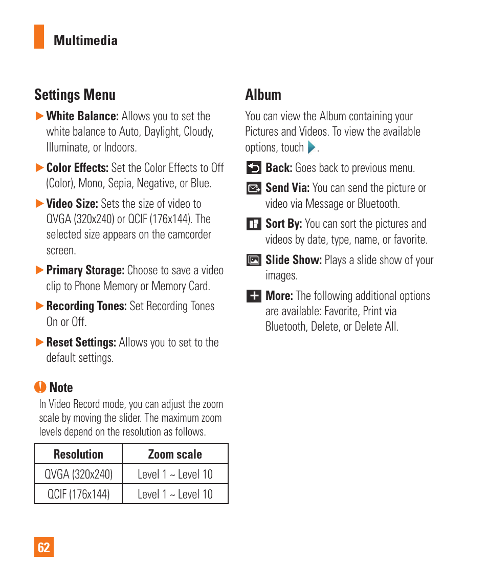 Album, Settings menu | LG C410 User Manual | Page 62 / 124