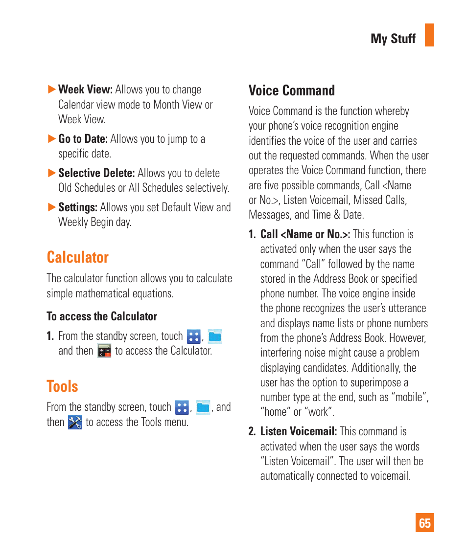 Calculator, Tools, Voice command | Tools voice command | LG C410 User Manual | Page 65 / 124