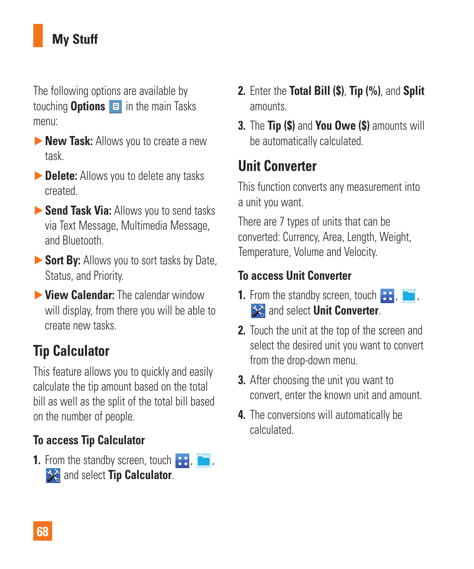Tip calculator, Unit converter, Tip calculator unit converter | LG C410 User Manual | Page 68 / 124
