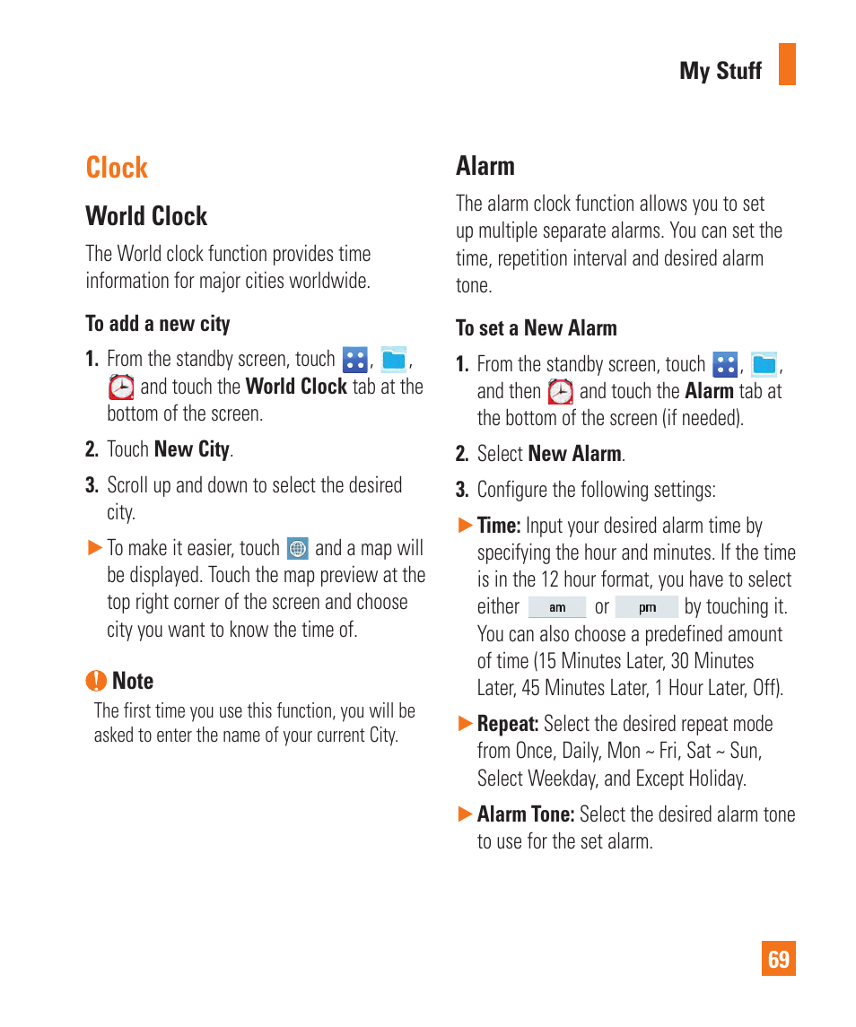 Clock, World clock, Alarm | Clock world clock alarm | LG C410 User Manual | Page 69 / 124