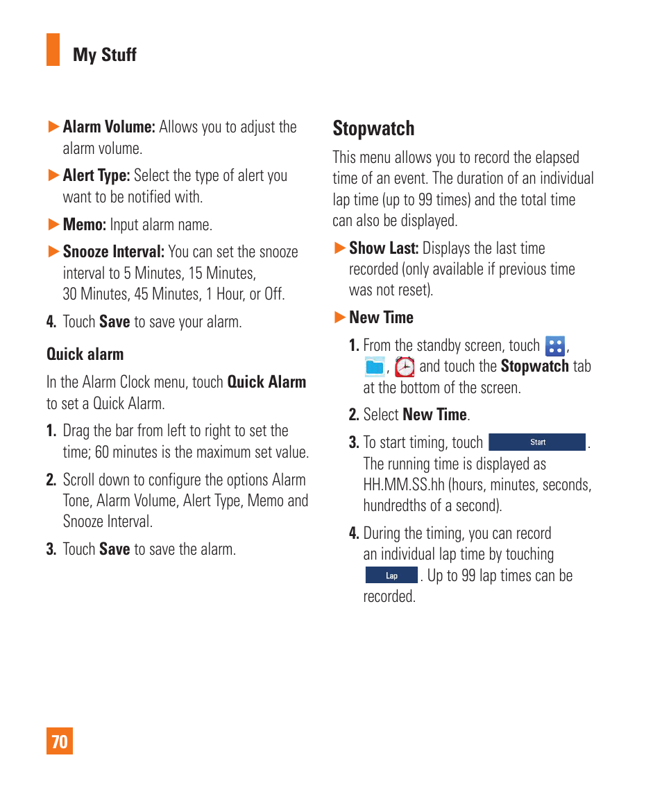 Stopwatch | LG C410 User Manual | Page 70 / 124