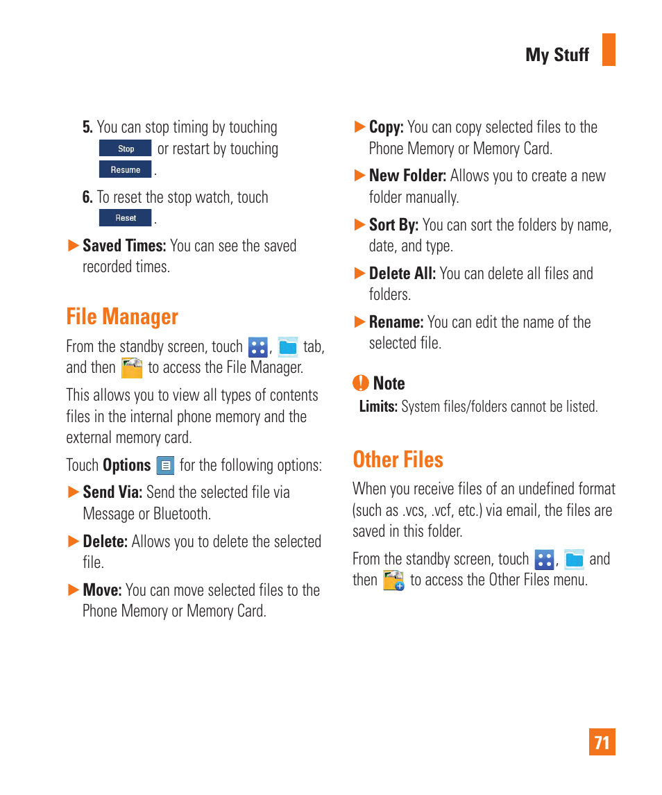 File manager, Other files | LG C410 User Manual | Page 71 / 124