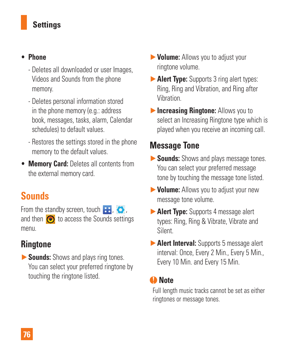 Sounds, Ringtone, Message tone | Sounds ringtone message tone | LG C410 User Manual | Page 76 / 124