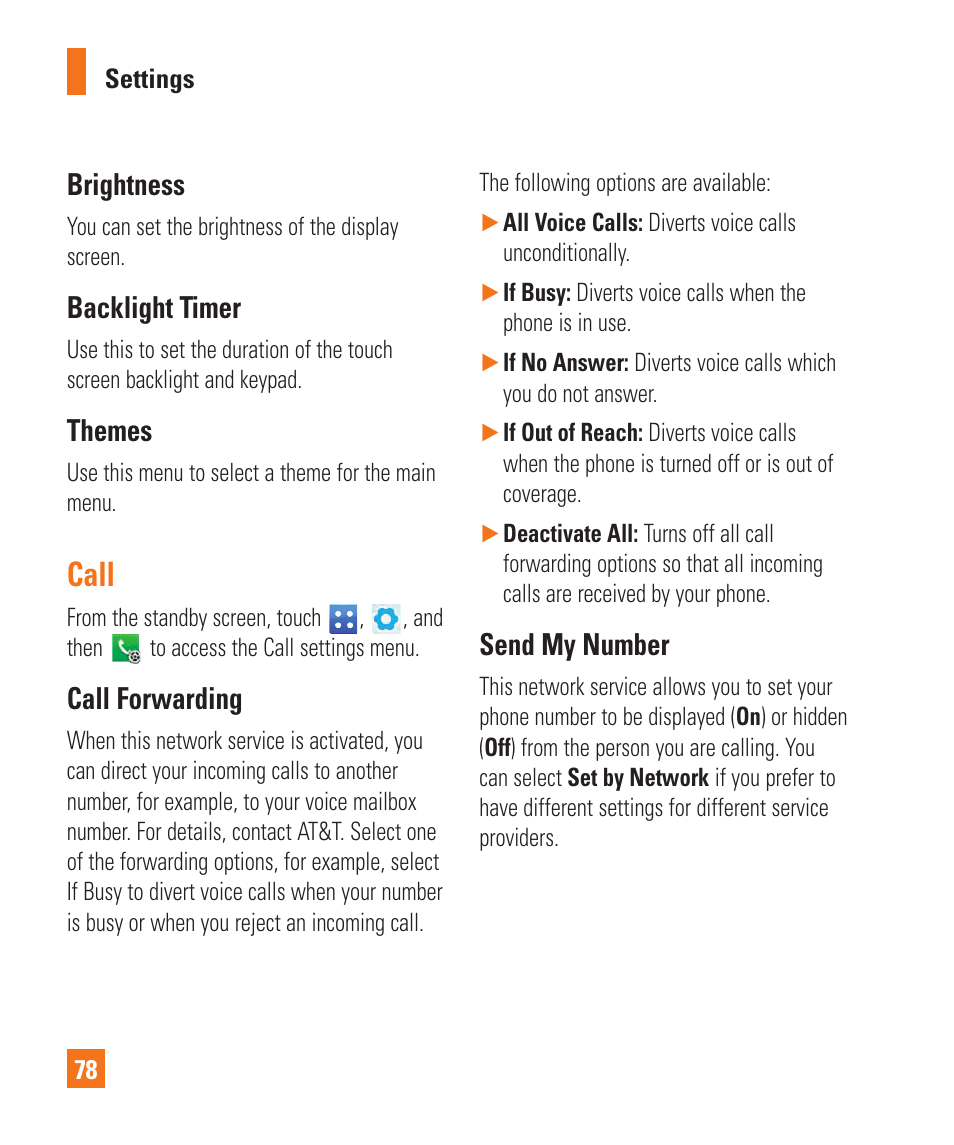 Brightness, Backlight timer, Themes | Call, Call forwarding, Send my number, Brightness backlight timer themes, Call call forwarding send my number | LG C410 User Manual | Page 78 / 124