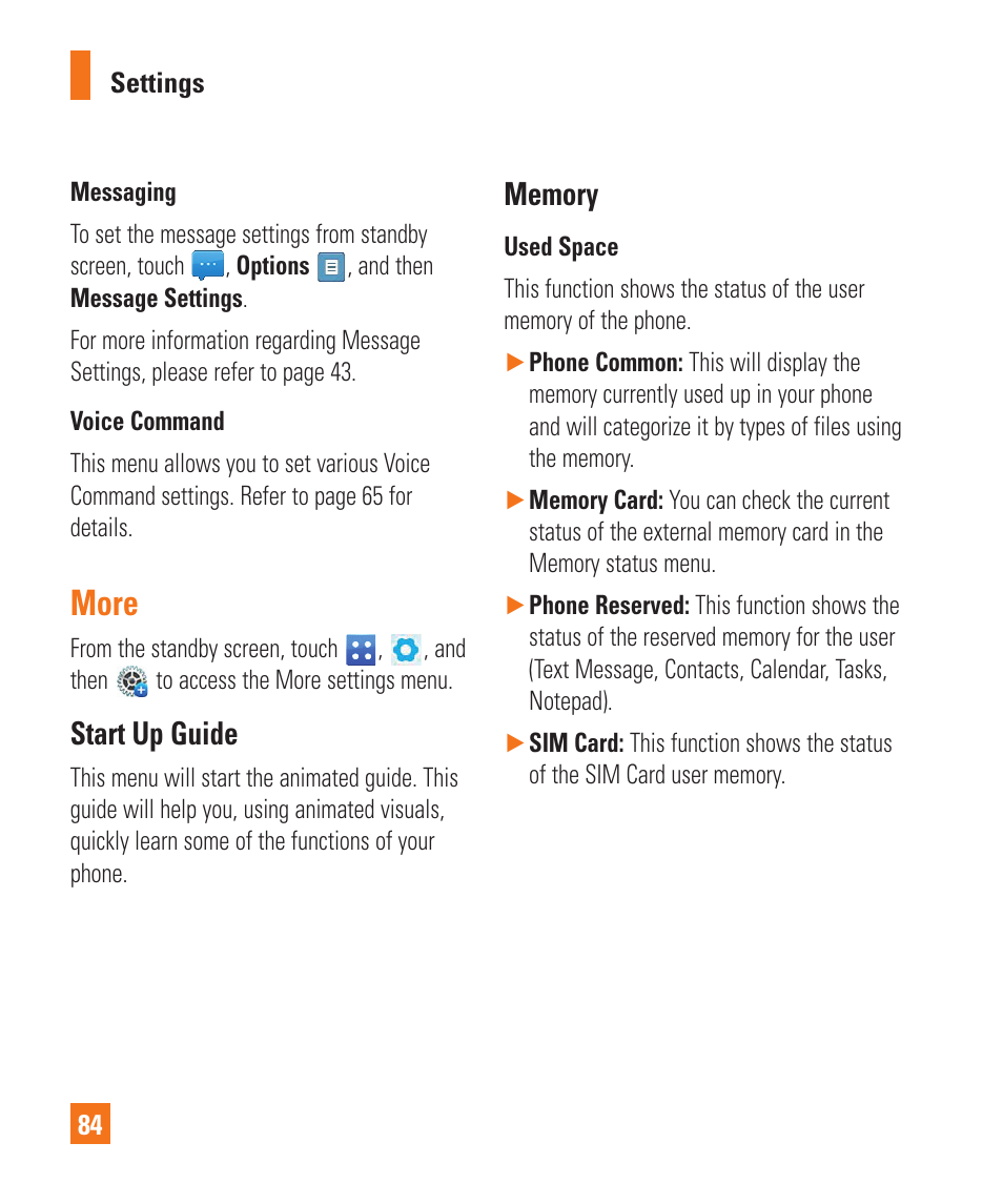 More, Start up guide, Memory | More start up guide memory | LG C410 User Manual | Page 84 / 124