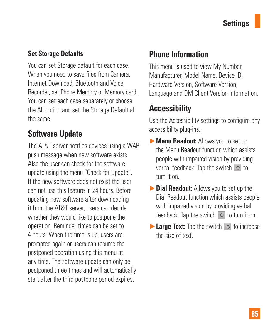 Software update, Phone information, Accessibility | Software update phone information accessibility | LG C410 User Manual | Page 85 / 124