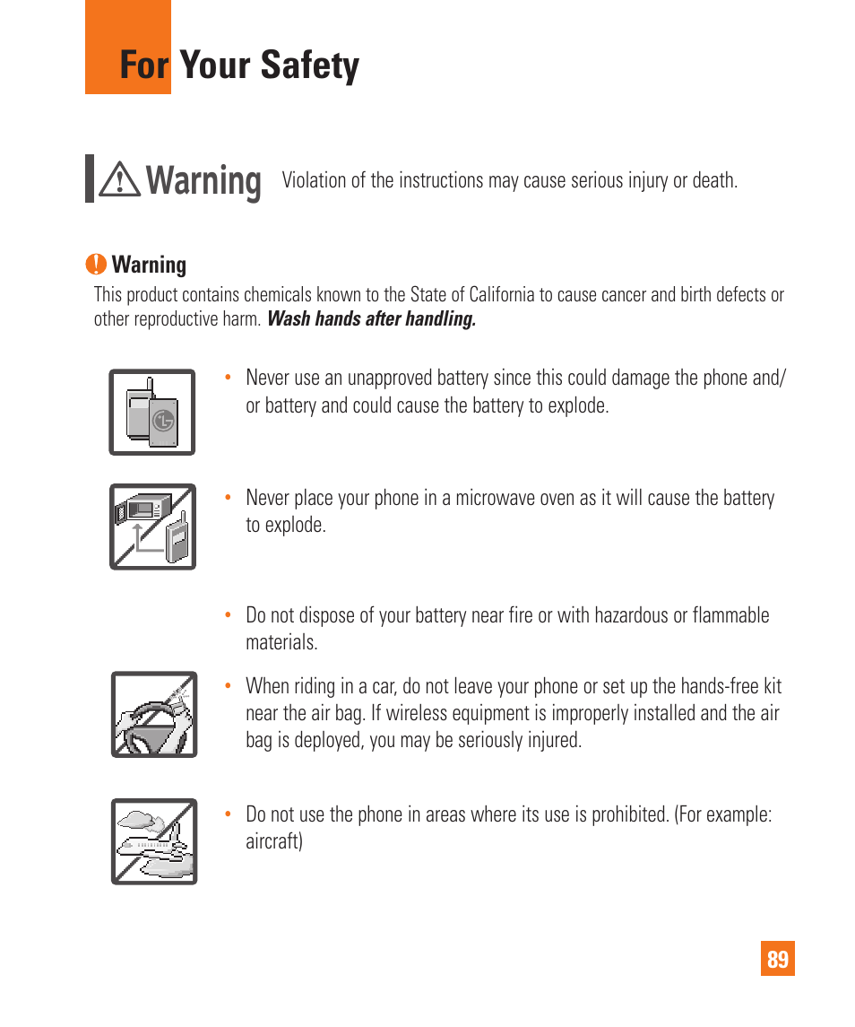 For your safety, Warning | LG C410 User Manual | Page 89 / 124