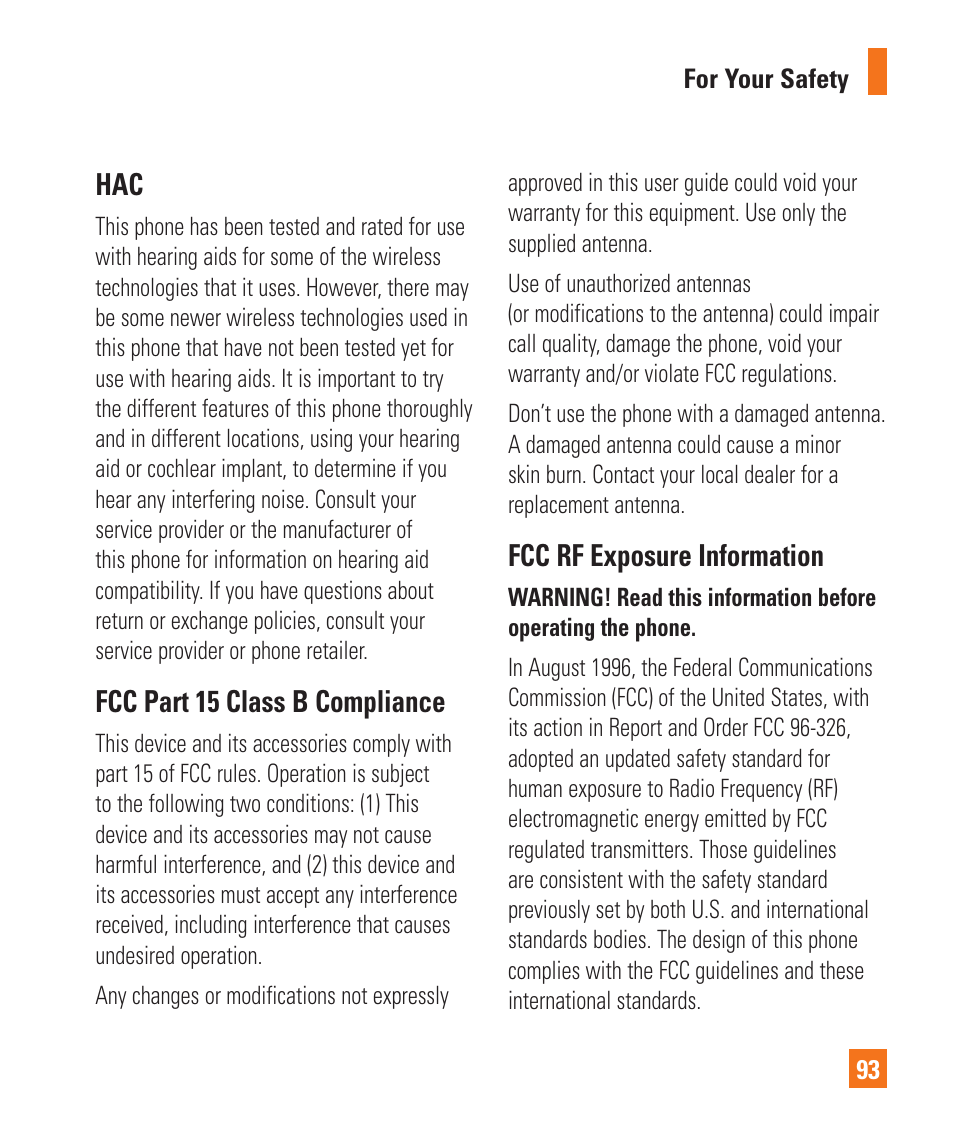 Fcc part 15 class b compliance, Fcc rf exposure information | LG C410 User Manual | Page 93 / 124