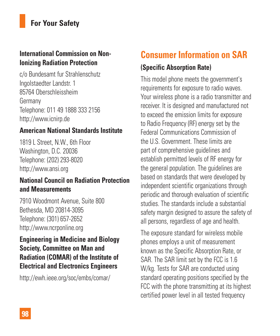 Consumer information on sar | LG C410 User Manual | Page 98 / 124