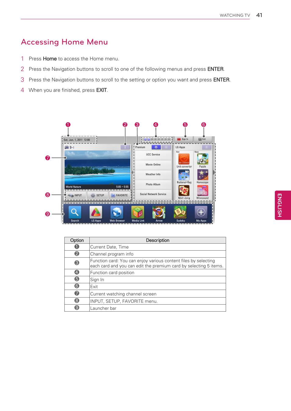 Accessing home menu | LG 55LV5400 User Manual | Page 41 / 172