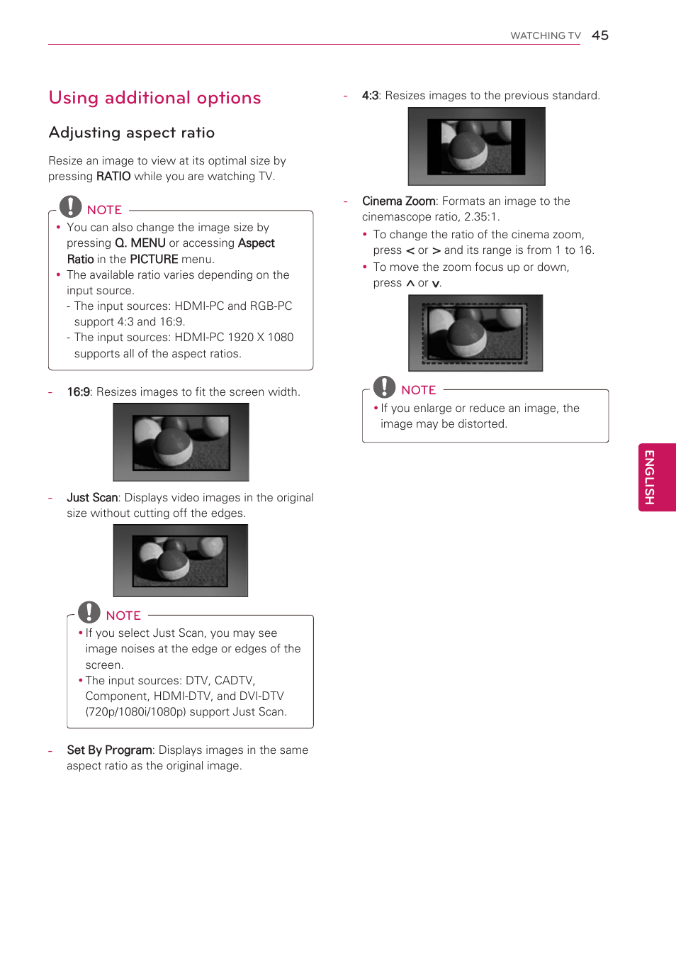 Using additional options, Adjusting aspect ratio | LG 55LV5400 User Manual | Page 45 / 172