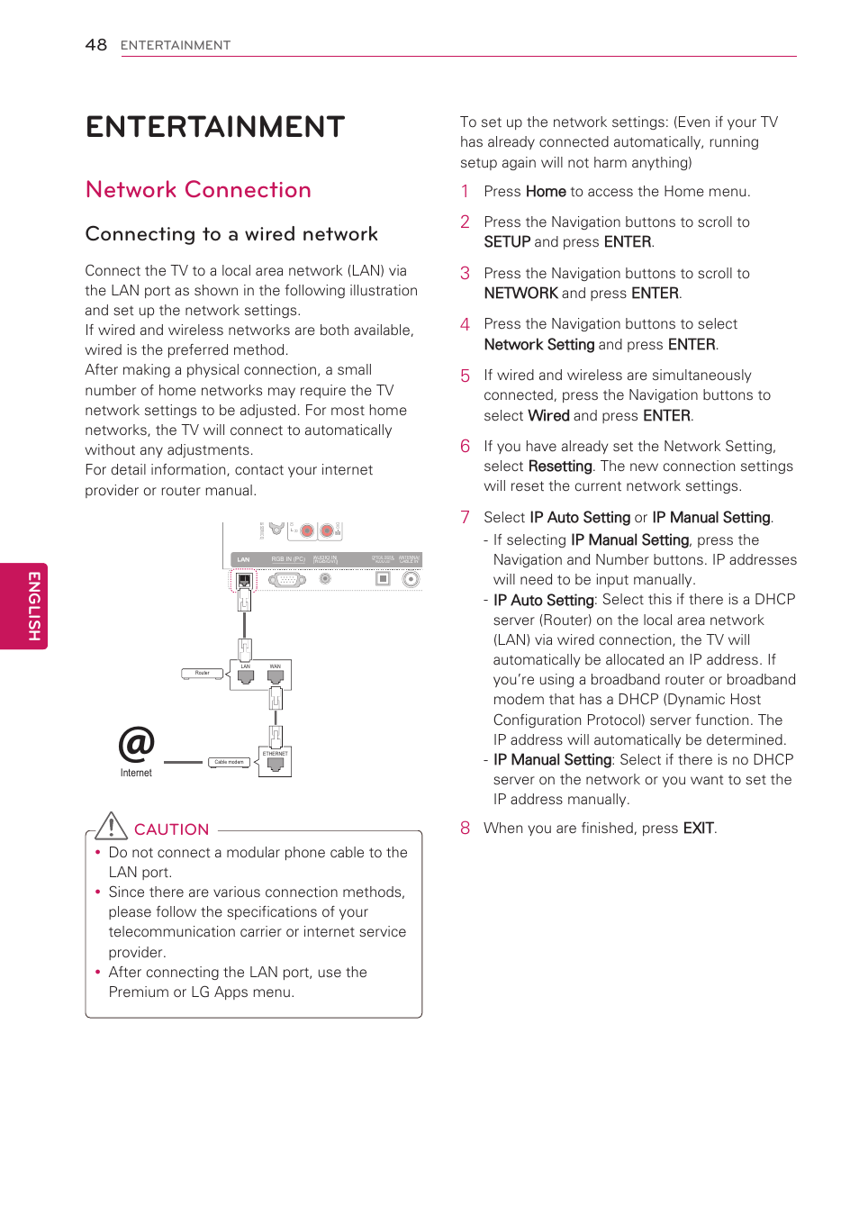 Entertainment, Network connection, Connecting to a wired network | 48 entertainment, Caution, English, Press home to access the home menu, When you are finished, press exit | LG 55LV5400 User Manual | Page 48 / 172