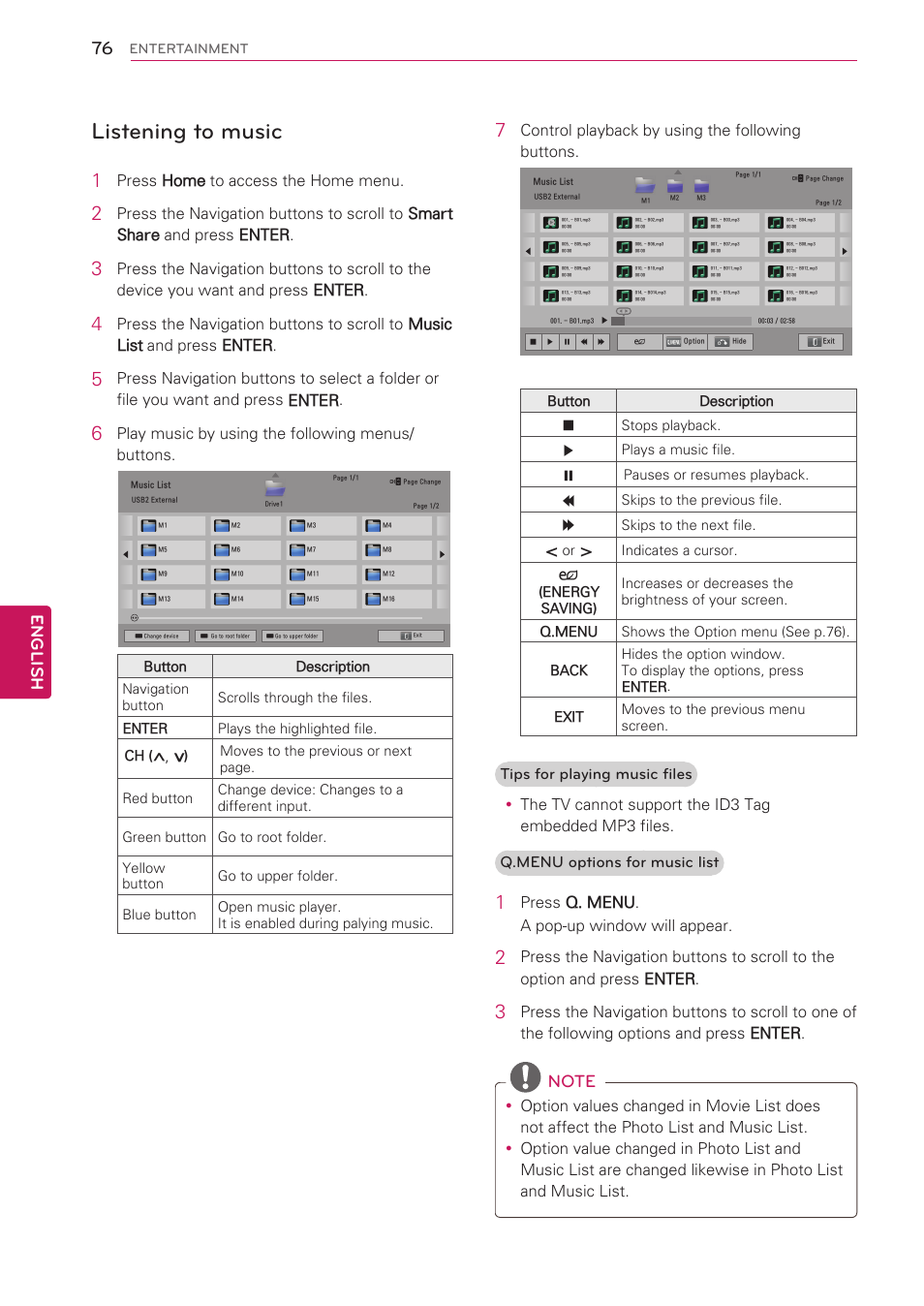 Listening to music, English, Press home to access the home menu | Play music by using the following menus/ buttons, Control playback by using the following buttons, Press q. menu . a pop-up window will appear | LG 55LV5400 User Manual | Page 76 / 172