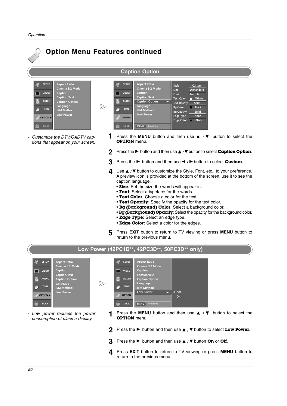 Option menu features continued, Caption option | LG 42PC3DV User Manual | Page 50 / 68