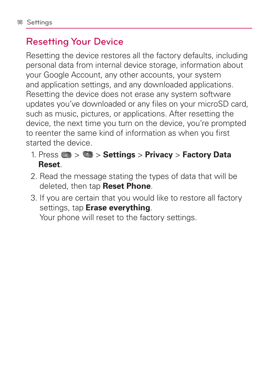 Resetting your device | LG LGVM670 User Manual | Page 100 / 243