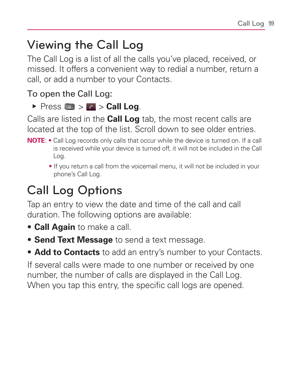 Call log, Viewing the call log, Call log options | Viewing the call log call log options | LG LGVM670 User Manual | Page 101 / 243