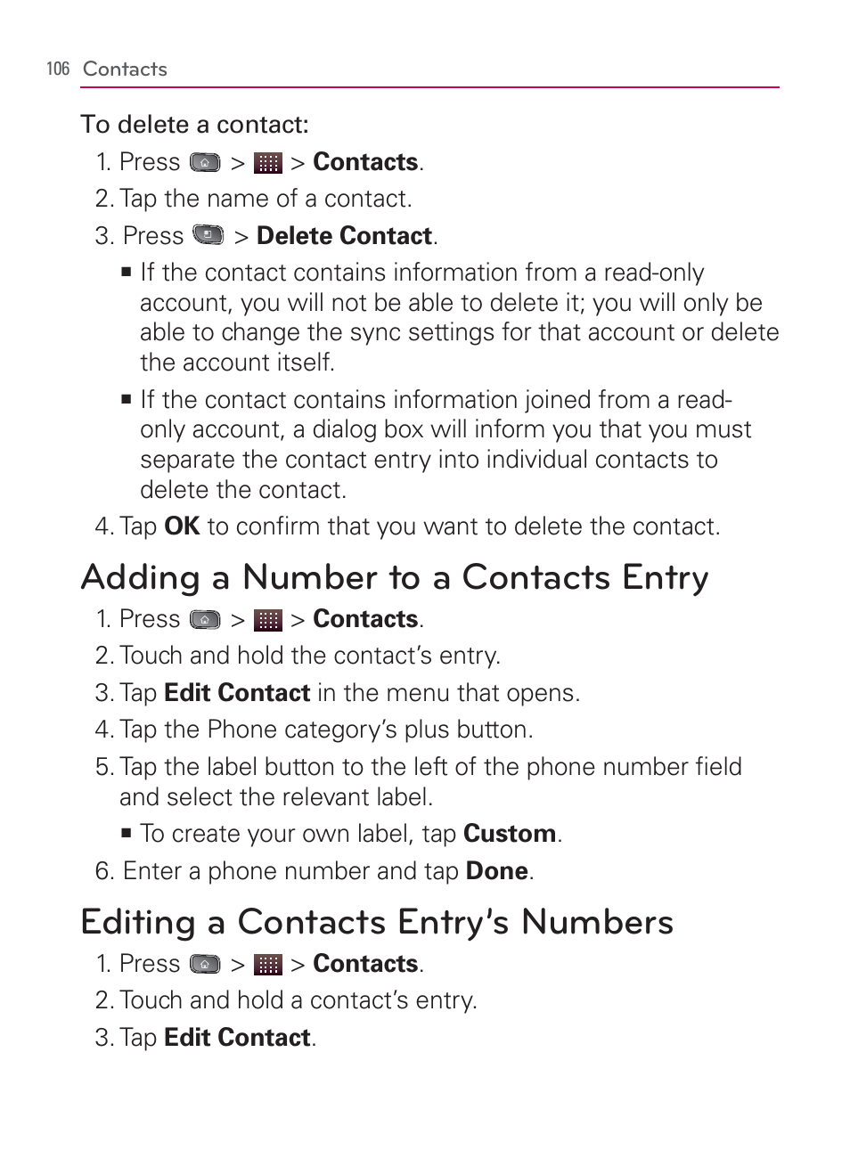 Adding a number to a contacts entry, Editing a contacts entry’s numbers | LG LGVM670 User Manual | Page 108 / 243