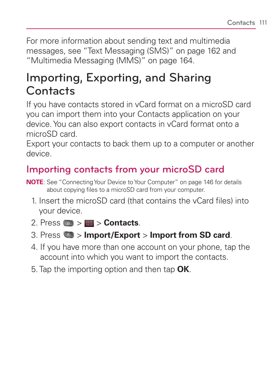 Importing, exporting, and sharingcontacts, Importing, exporting, and sharing contacts, Importing contacts from your microsd card | LG LGVM670 User Manual | Page 113 / 243