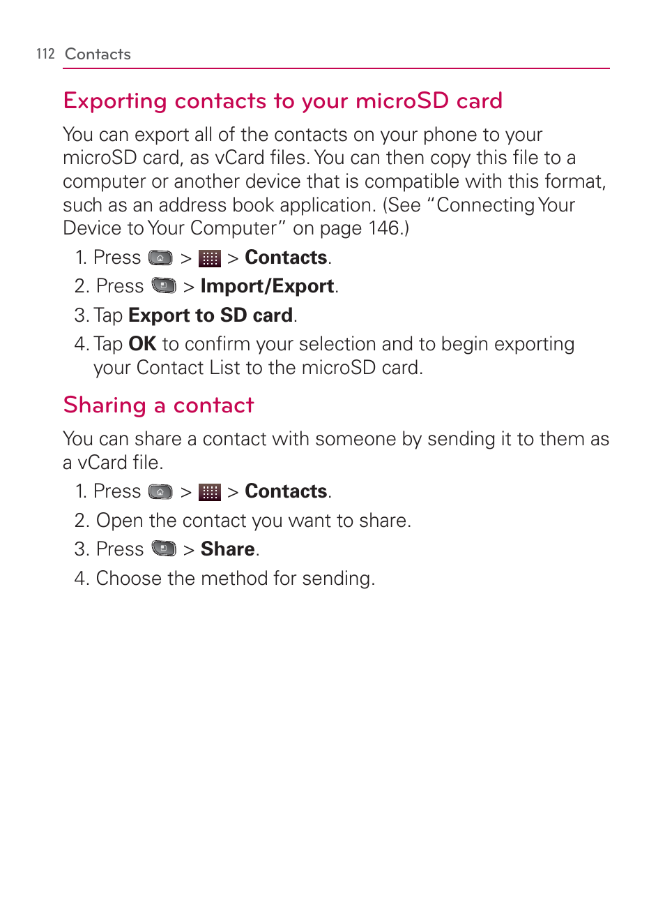 Exporting contacts to your microsd card, Sharing a contact | LG LGVM670 User Manual | Page 114 / 243