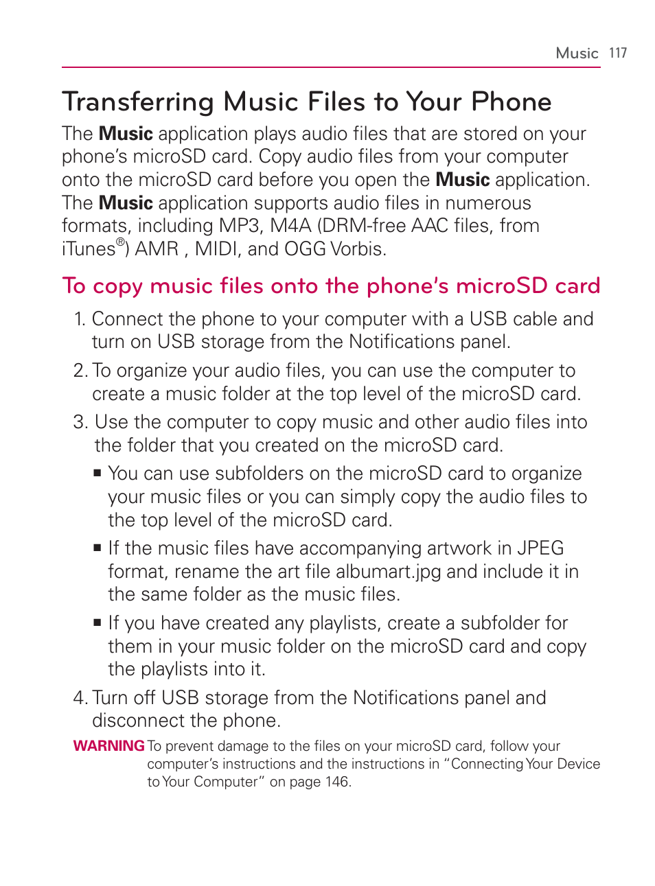 Music, Transferring music files to your phone | LG LGVM670 User Manual | Page 119 / 243