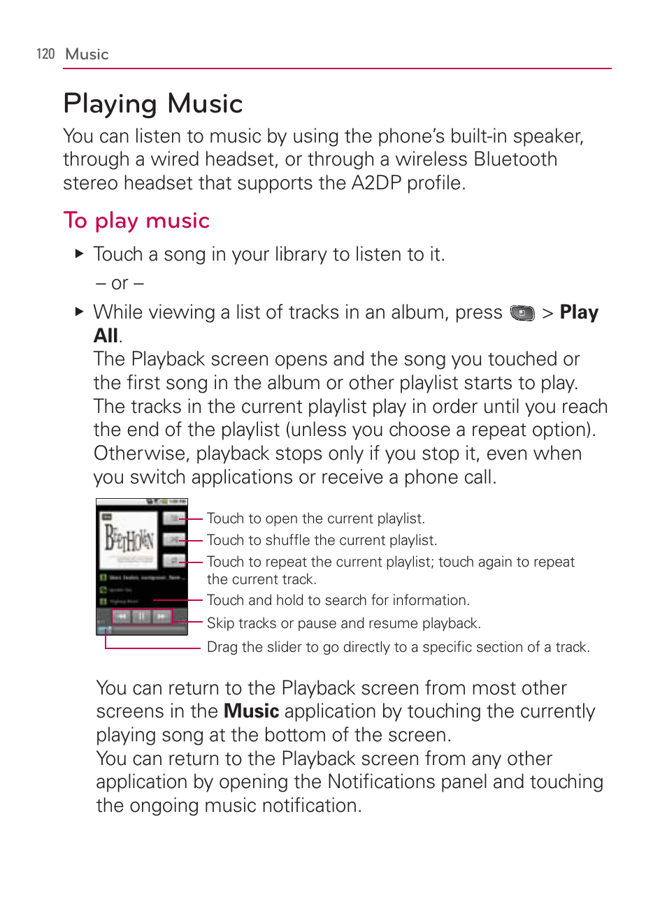 Playing music | LG LGVM670 User Manual | Page 122 / 243