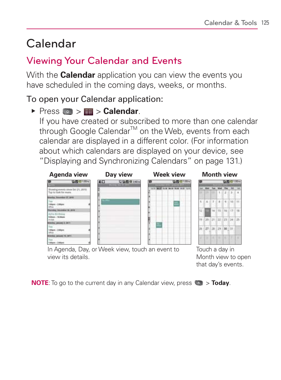 Calendar & tools, Calendar, Viewing your calendar and events | LG LGVM670 User Manual | Page 127 / 243