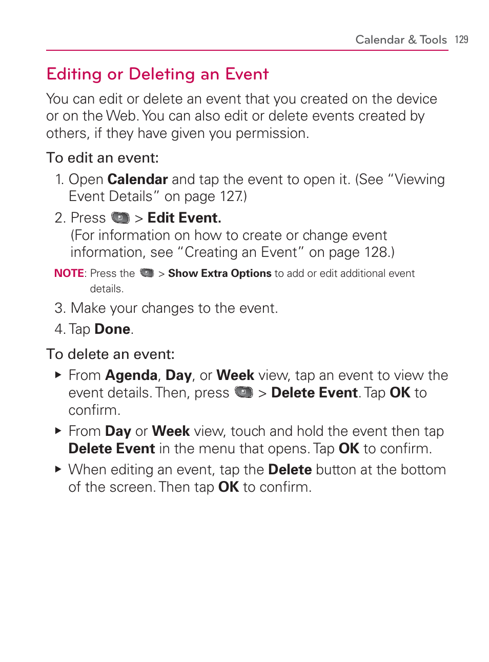 Editing or deleting an event | LG LGVM670 User Manual | Page 131 / 243
