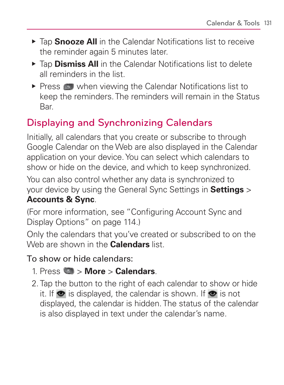 Displaying and synchronizing calendars | LG LGVM670 User Manual | Page 133 / 243