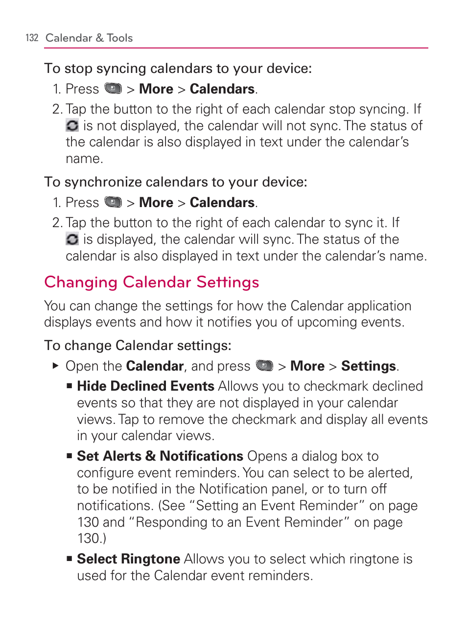 Changing calendar settings | LG LGVM670 User Manual | Page 134 / 243