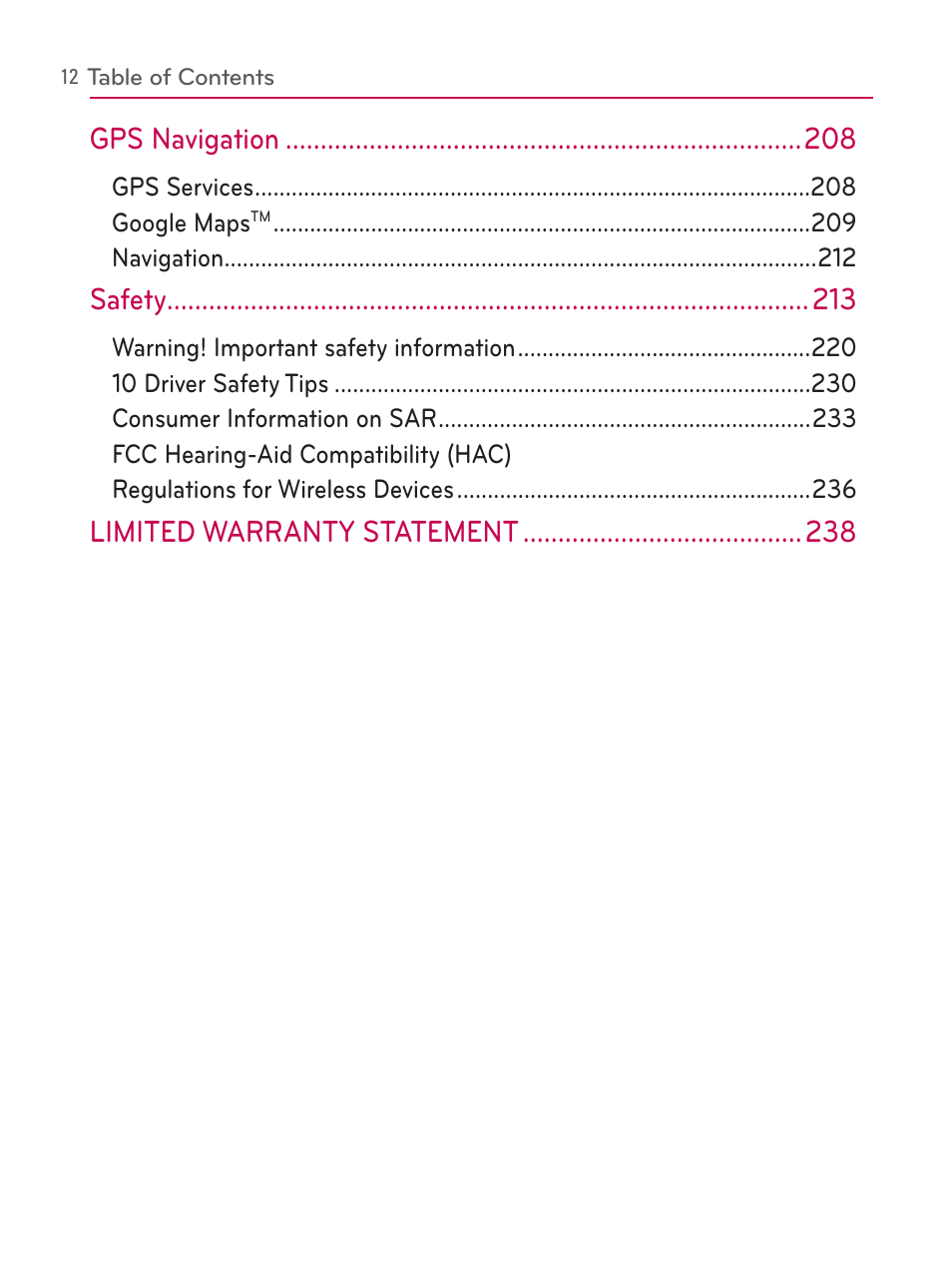 Gps navigation, Safety, Limited warranty statement | LG LGVM670 User Manual | Page 14 / 243