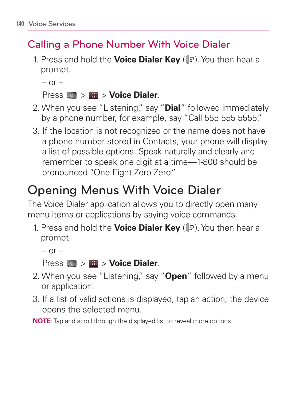 Opening menus with voice dialer, Calling a phone number with voice dialer | LG LGVM670 User Manual | Page 142 / 243