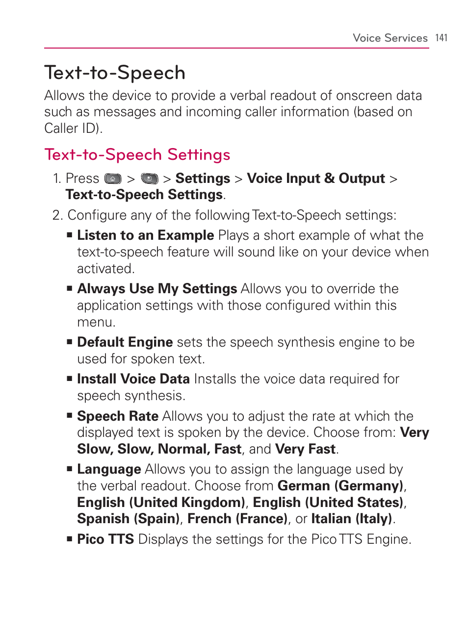 Text-to-speech, Text-to-speech settings | LG LGVM670 User Manual | Page 143 / 243