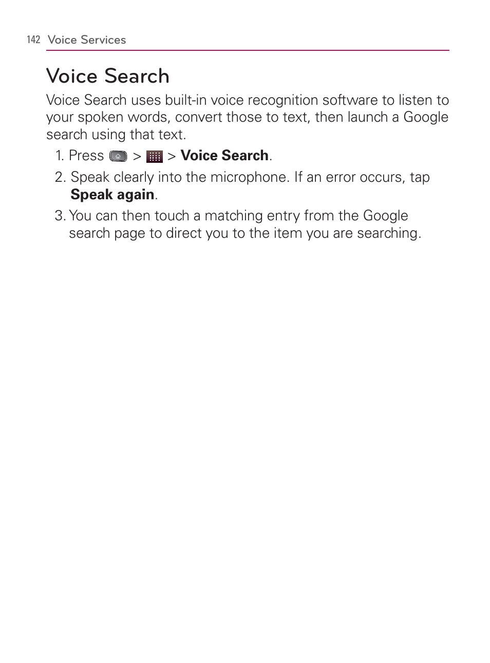 Voice search | LG LGVM670 User Manual | Page 144 / 243