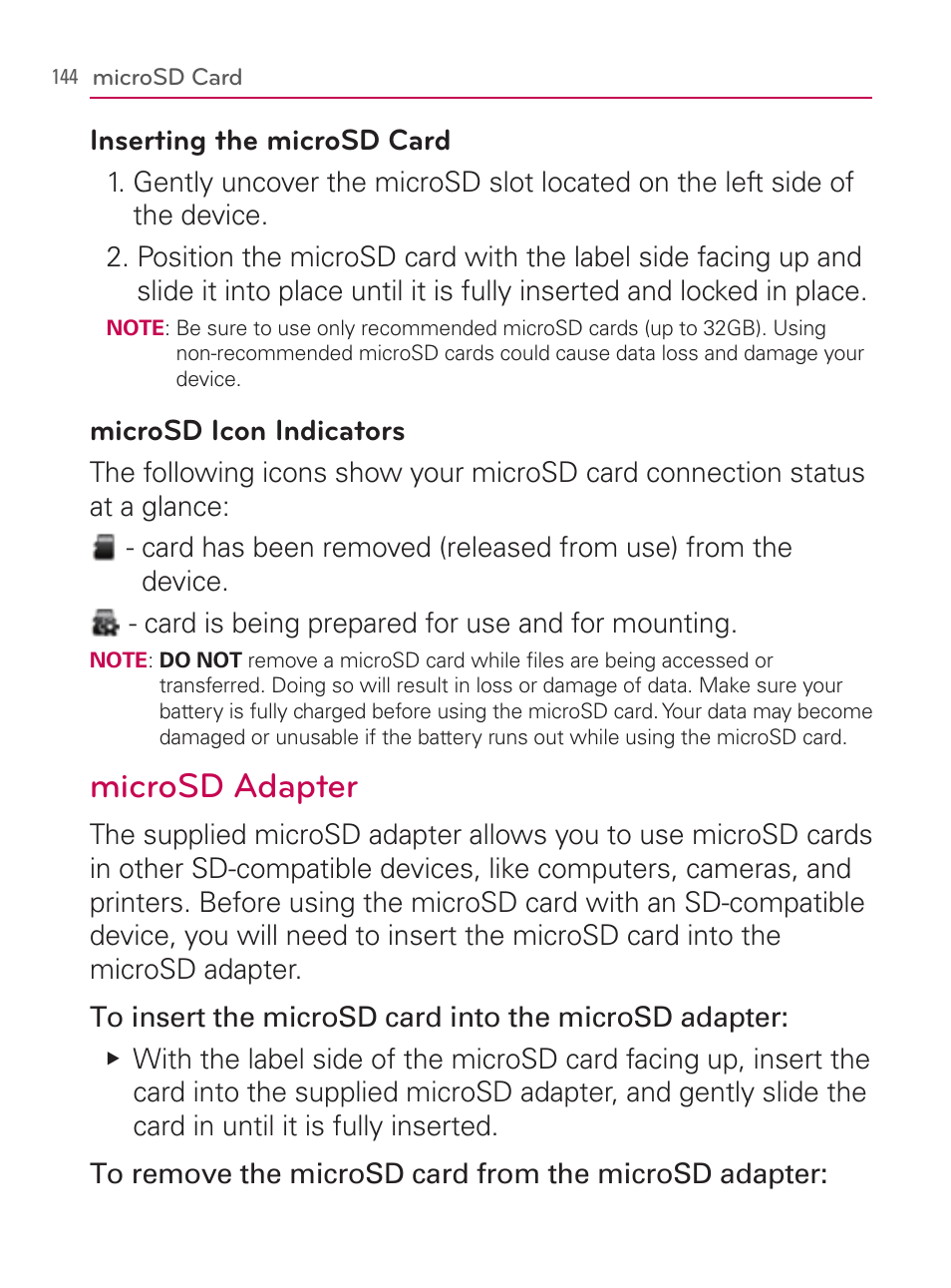 Microsd adapter | LG LGVM670 User Manual | Page 146 / 243