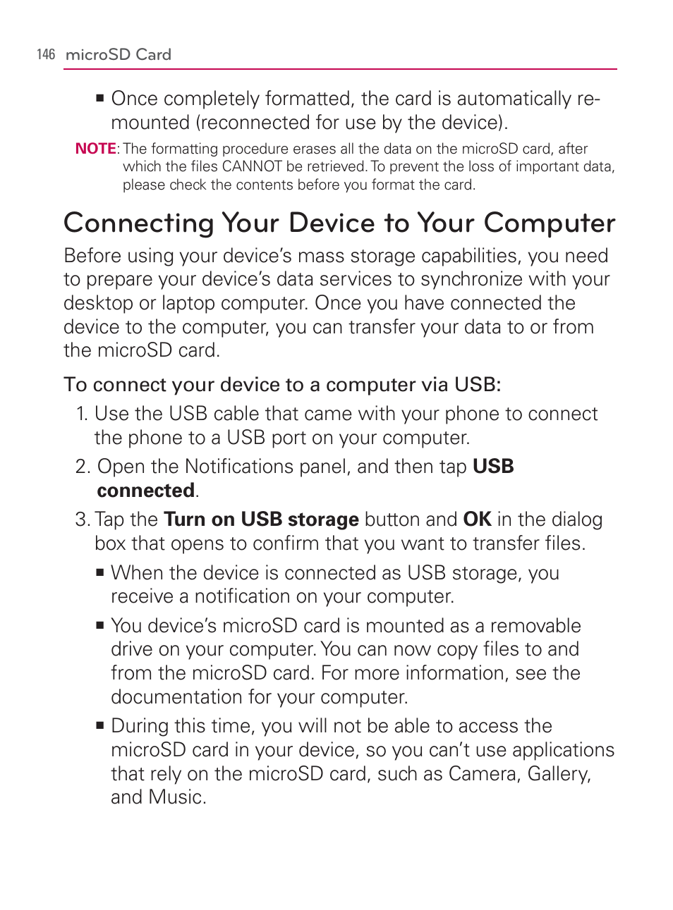 Connecting your device to your computer | LG LGVM670 User Manual | Page 148 / 243